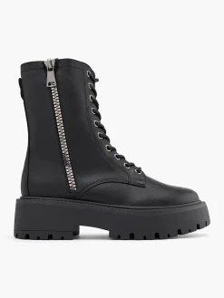 Black Tall Chunky Biker Boot with Zipper Detail