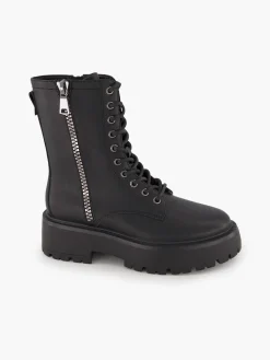 Black Tall Chunky Biker Boot with Zipper Detail