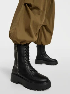 Black Tall Chunky Biker Boot with Zipper Detail