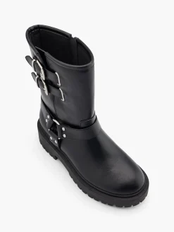 Black Tall Double Buckle Biker Boot