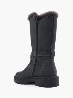 Black Tall Faux Fur Lined Boot with Buckle Details