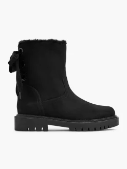 Black Tie Back Detail Fur Lined Ankle Boot