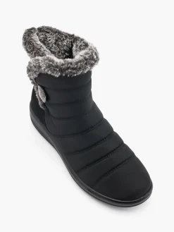 Black Wide Fit Comfort Boot with Button Fastening and Faux Fur Lining