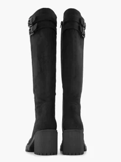 Black Wide Fit Chunky Long Leg Boot with Double Buckle Detail