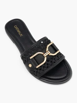 Black Woven Slip On Mule with Metal Detail