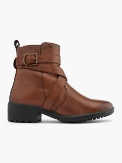 Brown Leather Cross Strapped Detail Ankle Boot