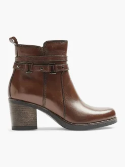Brown Leather Heeled Ankle Boot With Strap Buckle Detail