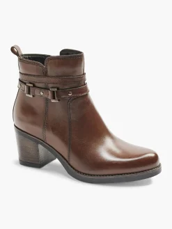 Brown Leather Heeled Ankle Boot With Strap Buckle Detail