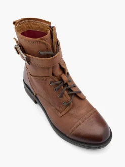 Brown Leather Lace Up Biker Boot with Buckle Strap