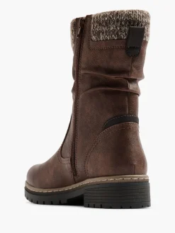 Brown Ruched Ankle Boot With Faux Fur Lining