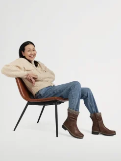 Brown Ruched Ankle Boot With Faux Fur Lining