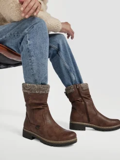 Brown Ruched Ankle Boot With Faux Fur Lining