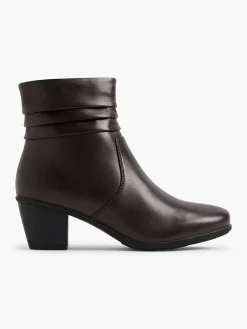 Brown Ruched Leather Heeled Ankle Boot