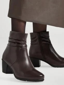 Brown Ruched Leather Heeled Ankle Boot