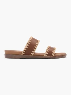 Brown Whipstitch Detail Flat Slip On Sandal
