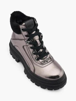 Dark Silver Chunky Lace Up Ankle Boots