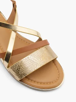 Gold and Brown Strapped Flat Sandal