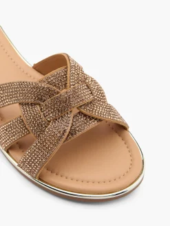 Gold Diamante Strapped Flat Sandals