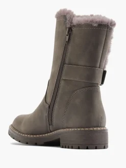 Grey Faux Fur Lined Tall Boot with Buckle Detail