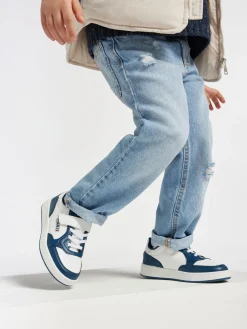 Junior White/Blue Velcro Court Trainers