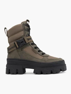 Khaki Chunky Faux Fur Lined Biker Boot