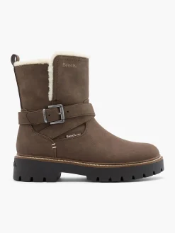 Khaki Fur Lined Buckled Ankle Boot