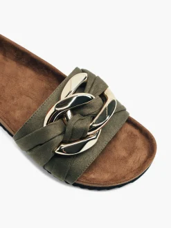 Khaki Slip On Mule with Chain Detail