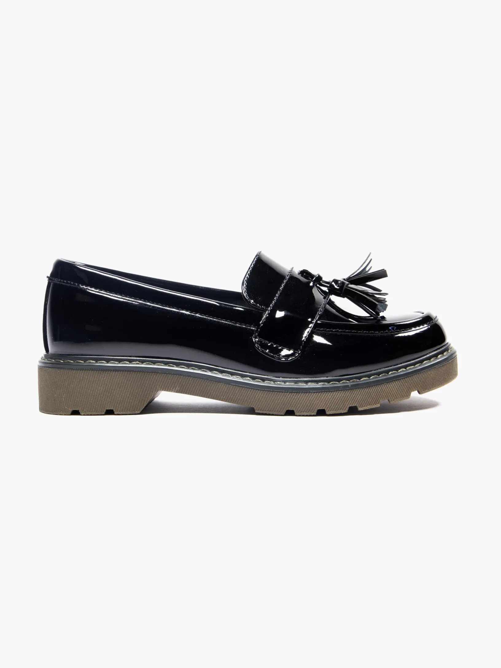 Ladies Black Chunky Patent Tassel Loafers