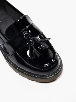 Ladies Black Chunky Patent Tassel Loafers