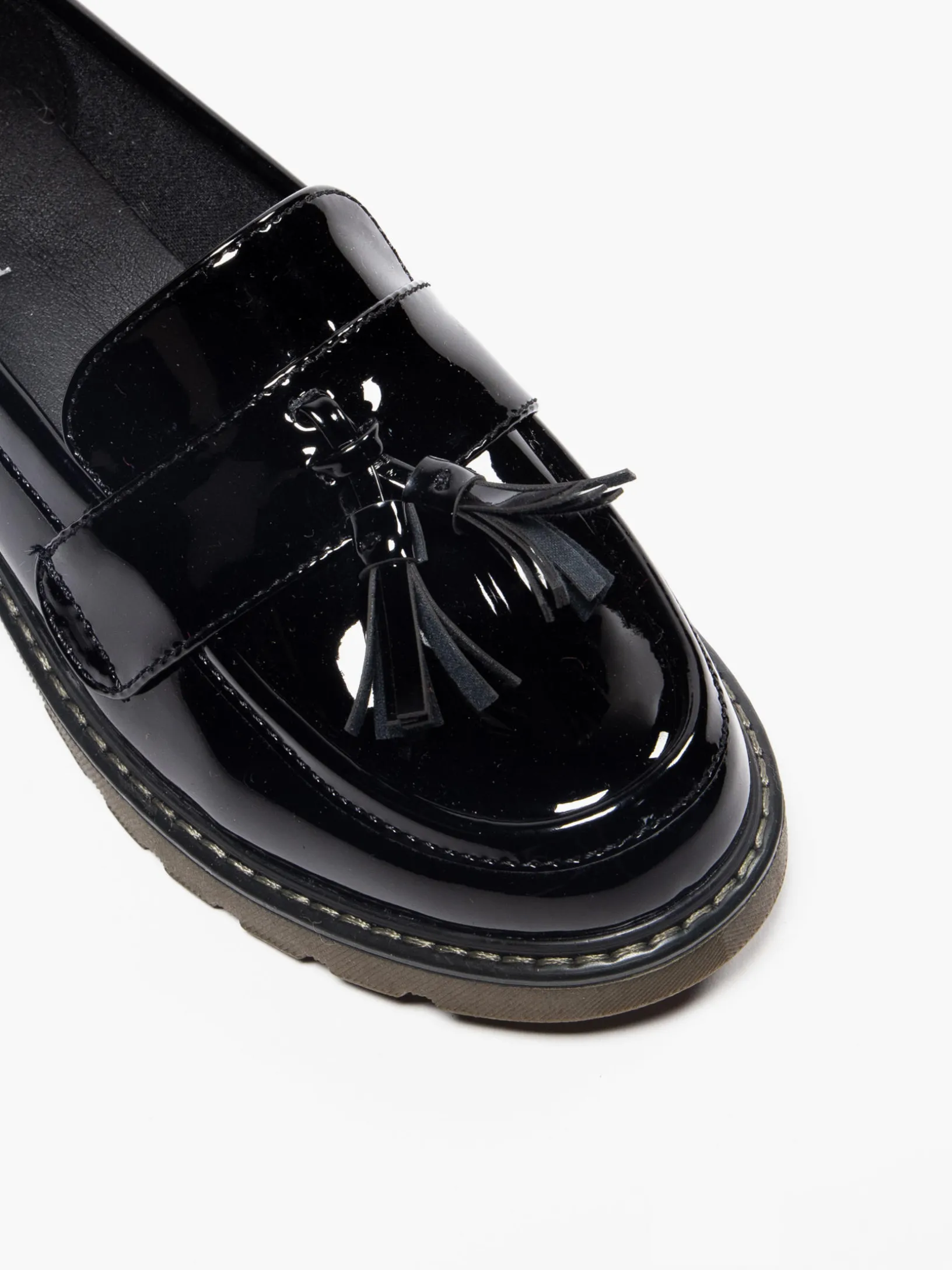 Ladies Black Chunky Patent Tassel Loafers