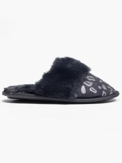 Ladies Black Leopard Slippers