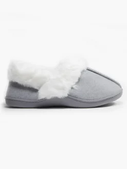 Ladies Grey Fur Collar Slippers