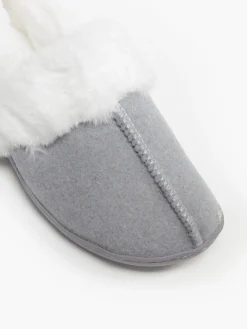 Ladies Grey Fur Collar Slippers