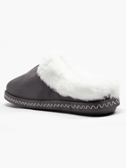 Ladies Grey Fur Trim Slippers