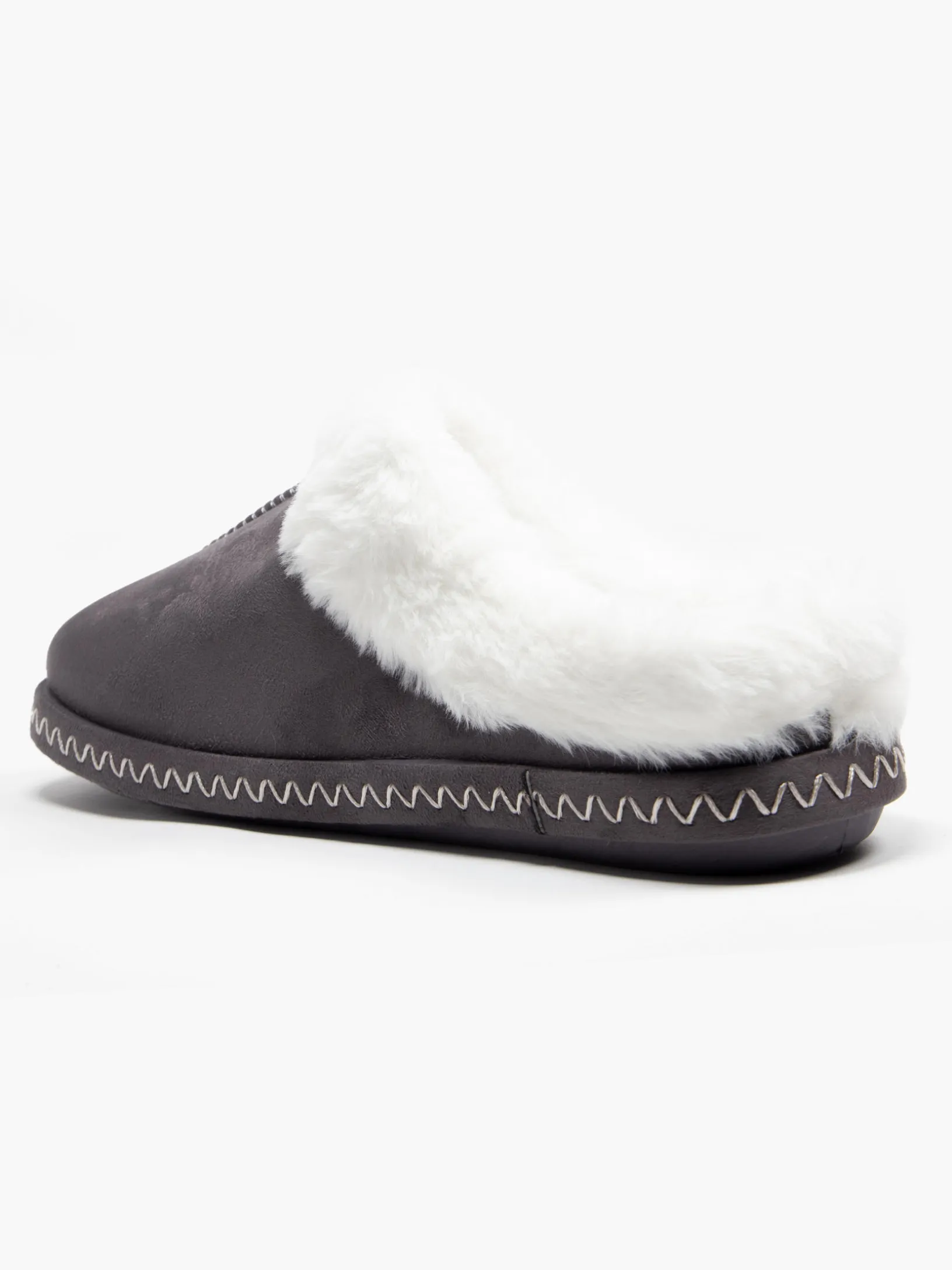 Ladies Grey Fur Trim Slippers