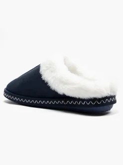 Ladies Navy Fur Trim Slippers
