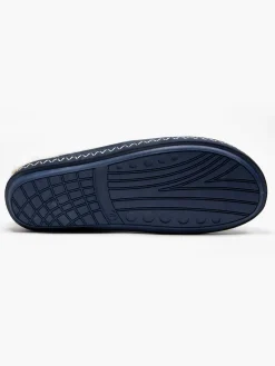 Ladies Navy Fur Trim Slippers