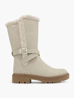 Light Grey Tall Faux Fur Lined Boot with Buckle Details