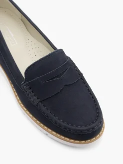 Navy Leather Flat Loafer with Contrasting Sole