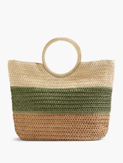 Neutral and Green Striped Summer Bag with Circular Handle