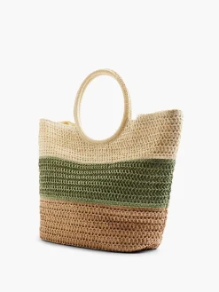 Neutral and Green Striped Summer Bag with Circular Handle