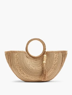 Neutral U-Shaped Summer Bag with Circular Handle and Tassel Detail