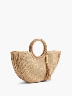 Neutral U-Shaped Summer Bag with Circular Handle and Tassel Detail