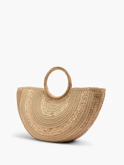 Neutral U-Shaped Summer Bag with Circular Handle and Tassel Detail