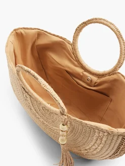 Neutral U-Shaped Summer Bag with Circular Handle and Tassel Detail