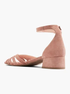 Pink Leather Block Heeled Sandal with Ankle Strap