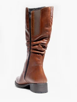 Reiker Brown Leather Long Leg Boot with Ruched Detail