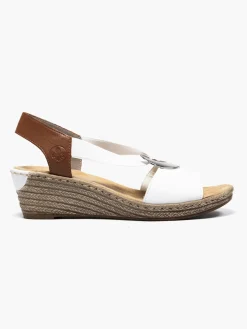 Rieker White and Tan Elasticated Comfort Wedge Sandal