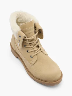 Sand Leather Faux Fur Collared Lace Up Boot