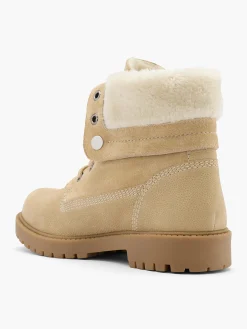 Sand Leather Faux Fur Collared Lace Up Boot